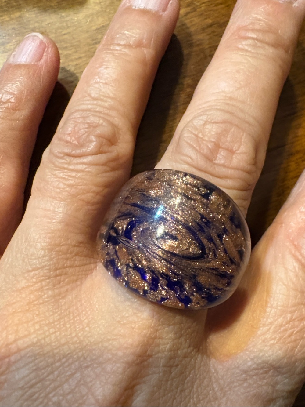 Gorgeous Murano -Style Aventurina Blue and Gold Glass Statement Ring